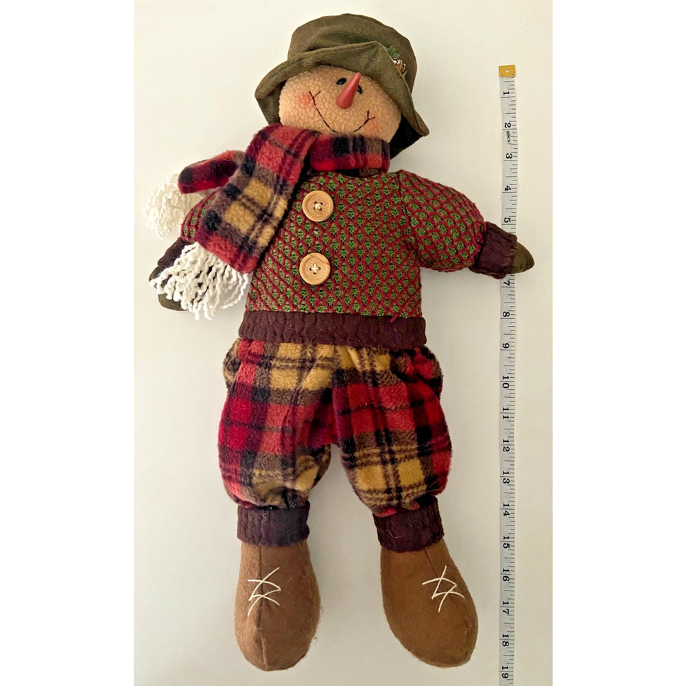 Rustic Brown, Red & Green Flannel Fabric Snowman Shelf Sitter, 19"H - Picture 3 of 8